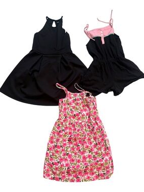 Lot Of 3 Girls Items: 2 Dresses 1 Romper Sz 6/6X/7 Pink Black Summer Vacation